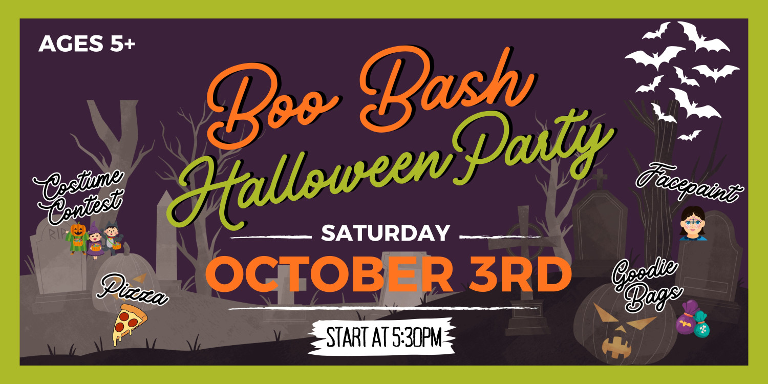 Halloween party poster for ages 5+ announcing Boo Bash Halloween Party on Saturday October 3rd, start at 5:30 PM, with costumes, face paint, pizza, pumpkins, and a spooky graveyard scene.